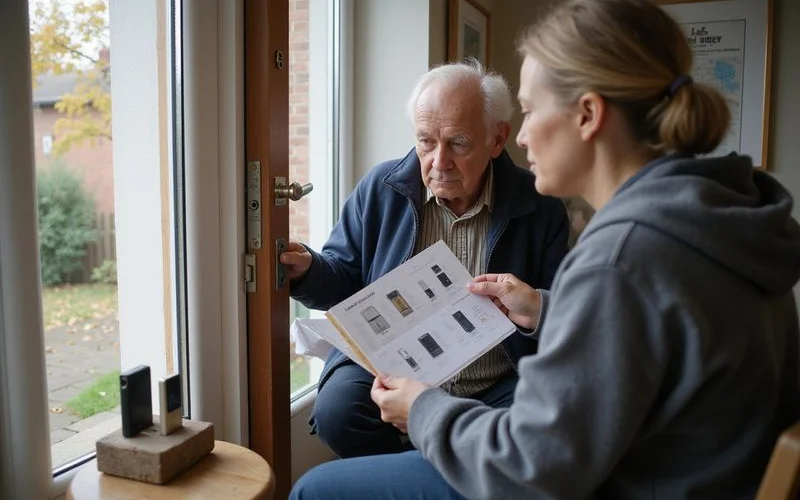 An adult child and an elderly parent standing together at a HDB flat's front door, the parent's hand resting on a newly installed keypad lock while the adult child looks on