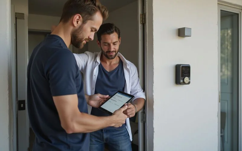 Two people standing at a front door reviewing a printed quote together, one holding a phone showing a text message confirmation