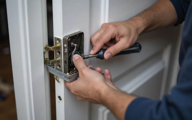 A technician's hands installing a fingerprint digital lock onto a metal HDB gate, screwdriver and mounting plate visible on a cloth beside the tools